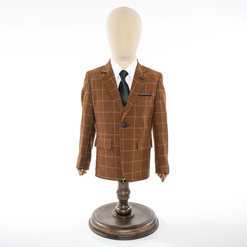 Kids' Chocolate Brown Windowplane Plaid 3-Piece Suit