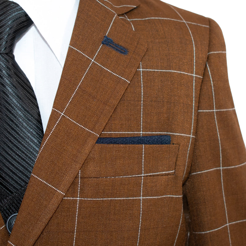 Kids' Chocolate Brown Windowplane Plaid 3-Piece Suit