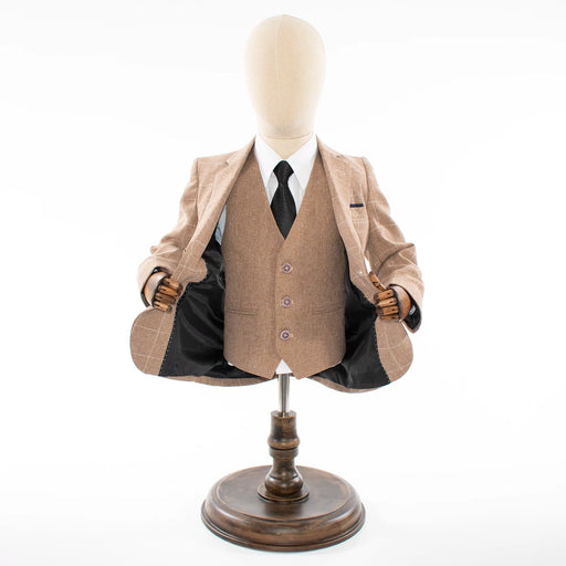 Kids' Sand Brown Windowplane Plaid 3-Piece Suit