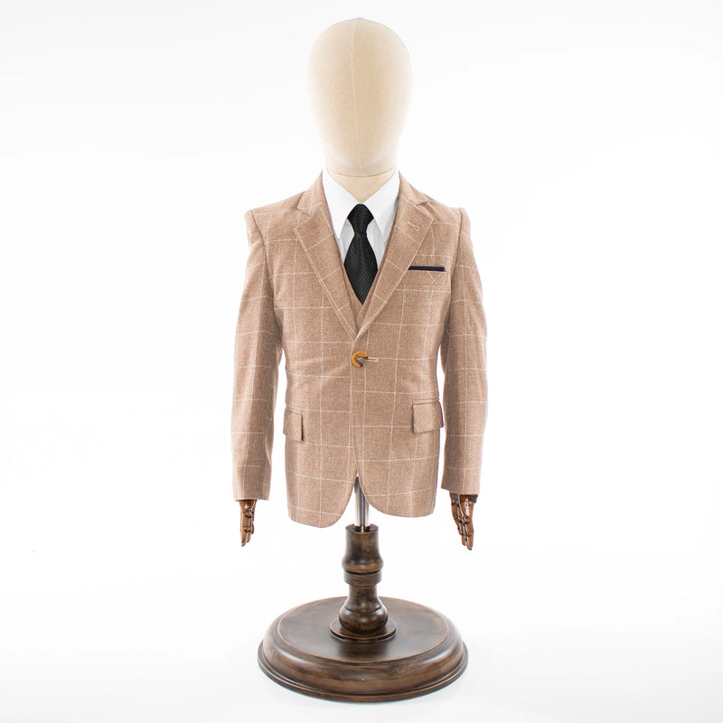 Kids' Sand Brown Windowplane Plaid 3-Piece Suit