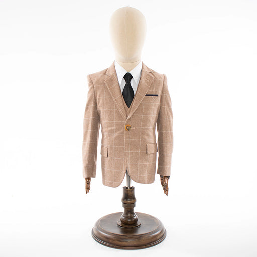 Kids' Sand Brown Windowplane Plaid 3-Piece Suit