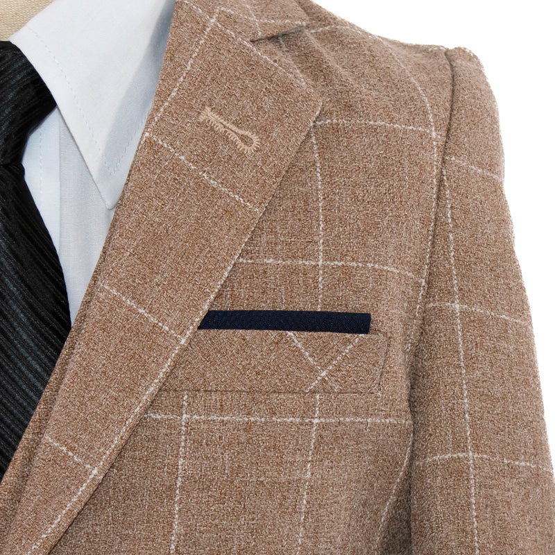 Kids' Sand Brown Windowplane Plaid 3-Piece Suit