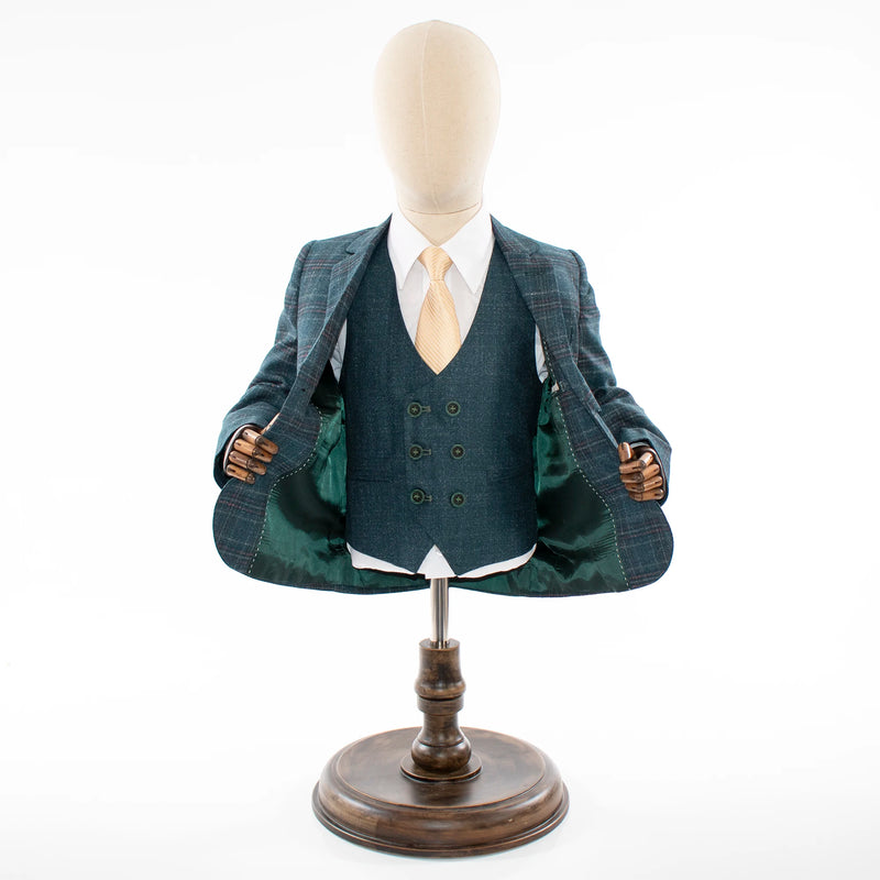 Kid's Teal Green Plaid 3-Piece Suit