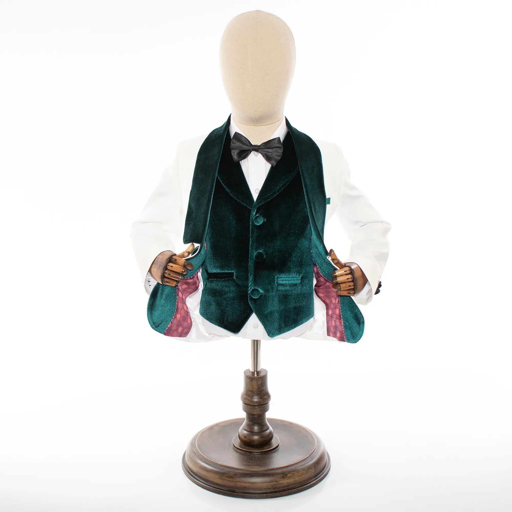 Kids' White And Green Velvet 3-Piece Tuxedo