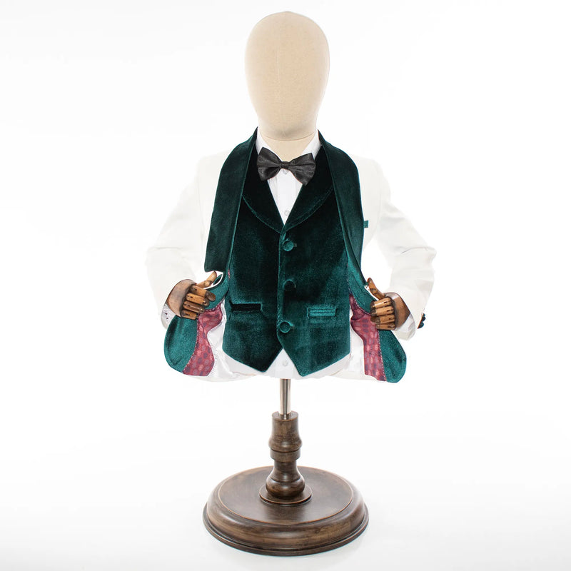 Kids' White And Green Velvet 3-Piece Tuxedo