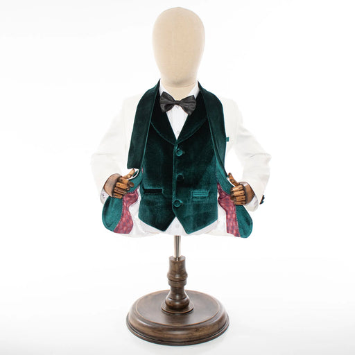 Kids' White And Green Velvet 3-Piece Tuxedo
