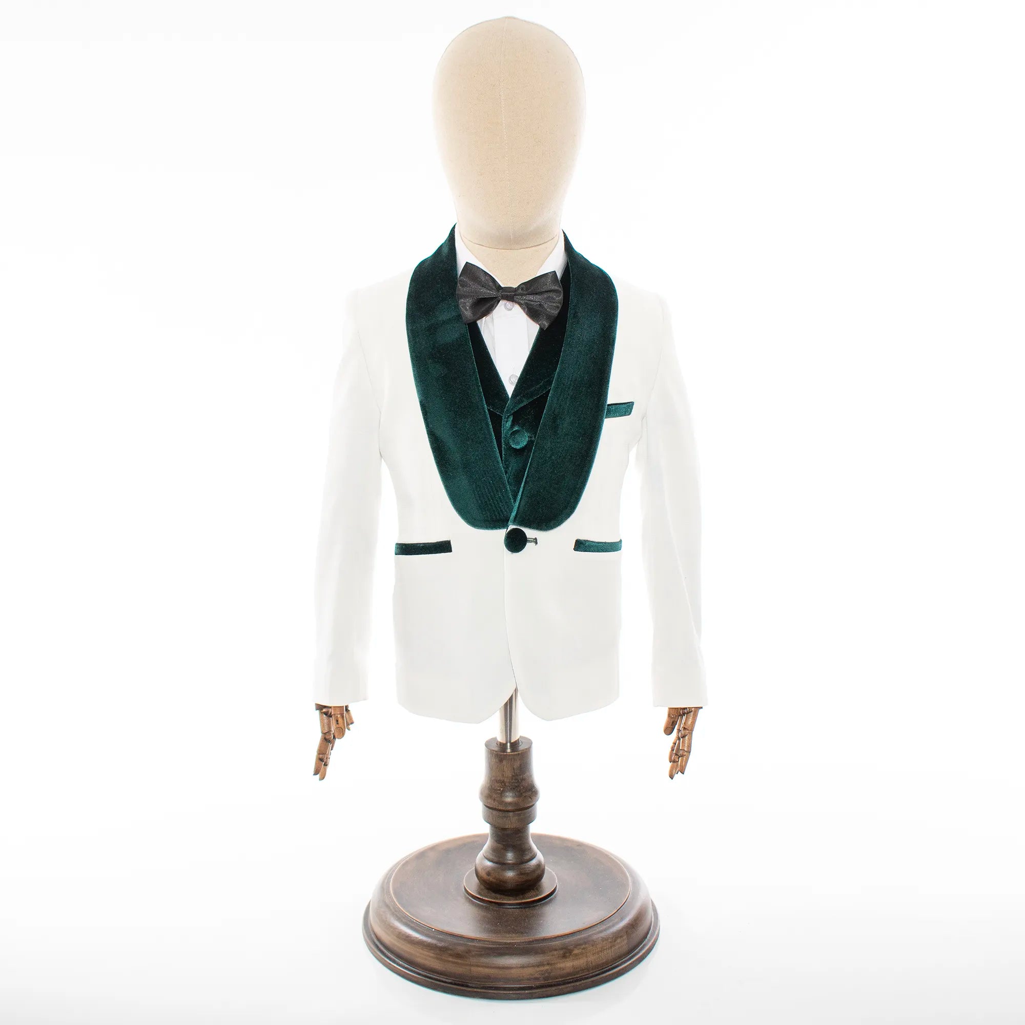 Kids' White And Green Velvet 3-Piece Tuxedo