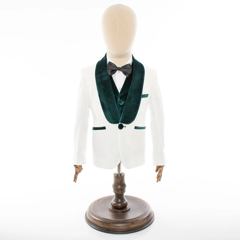 Kids' White And Green Velvet 3-Piece Tuxedo