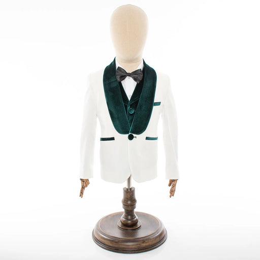 Kids' White And Green Velvet 3-Piece Tuxedo