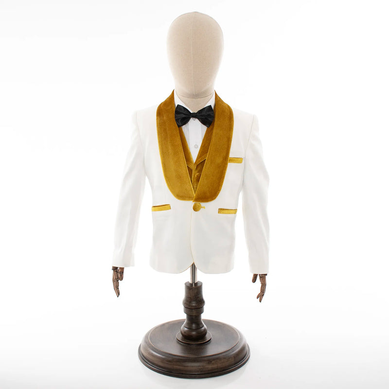 Kids' White And Gold Velvet 3-Piece Tuxedo