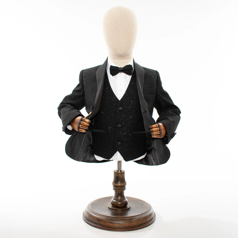 Black Glitter 3-Piece Kids' Tuxedo with Matching Waistcoat