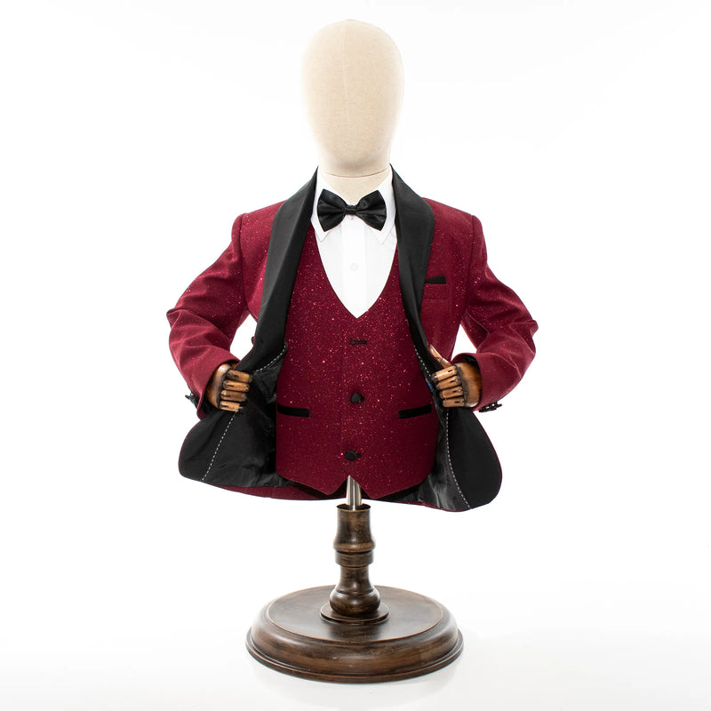 Burgundy Glitter 3-Piece Kids' Tuxedo with Matching Waistcoat