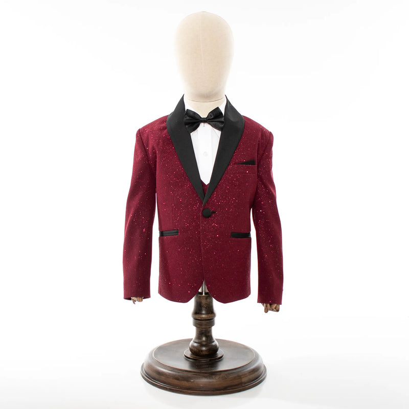 Burgundy Glitter 3-Piece Kids' Tuxedo with Matching Waistcoat