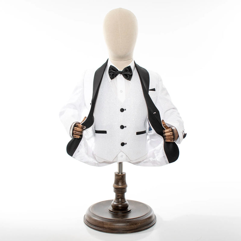 White Glitter 3-Piece Kids' Tuxedo with Matching Waistcoat