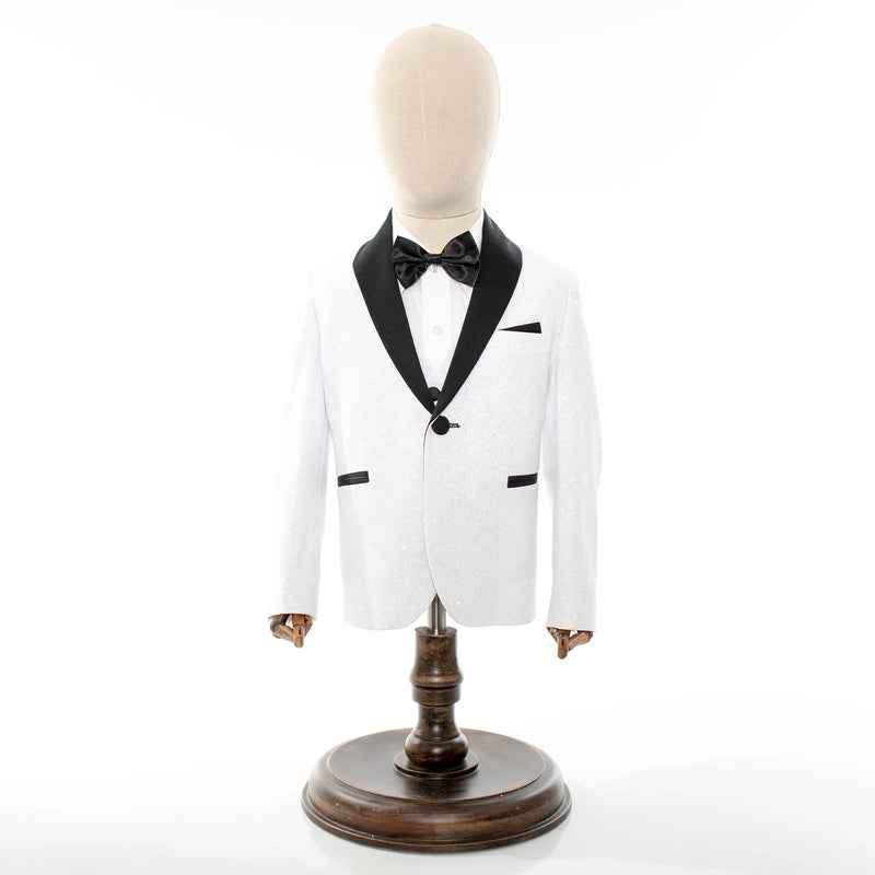 White Glitter 3-Piece Kids' Tuxedo with Matching Waistcoat