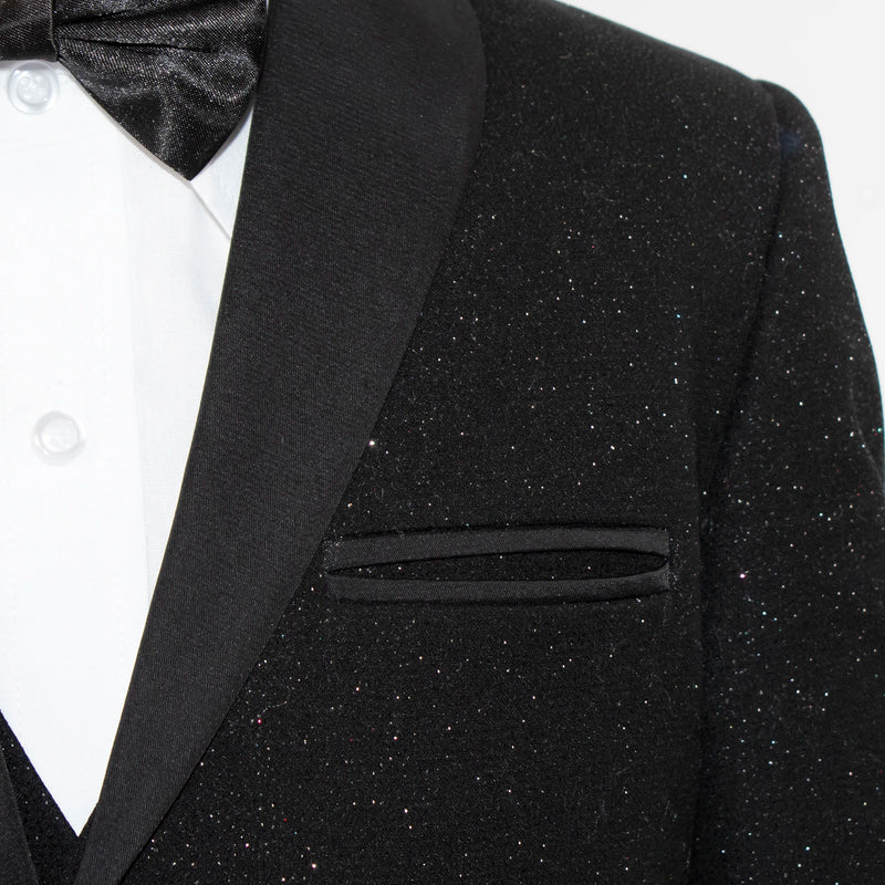 Kids' Black Glitter 3-Piece Tuxedo With Shawl Lapels