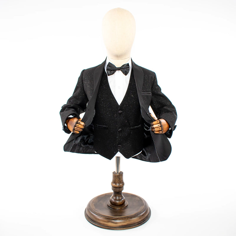 Kids' Black Glitter 3-Piece Tuxedo With Shawl Lapels