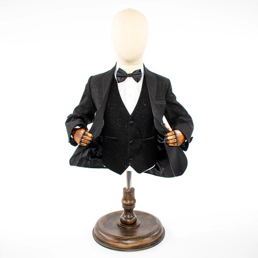 Kids' Black Glitter 3-Piece Tuxedo With Shawl Lapels