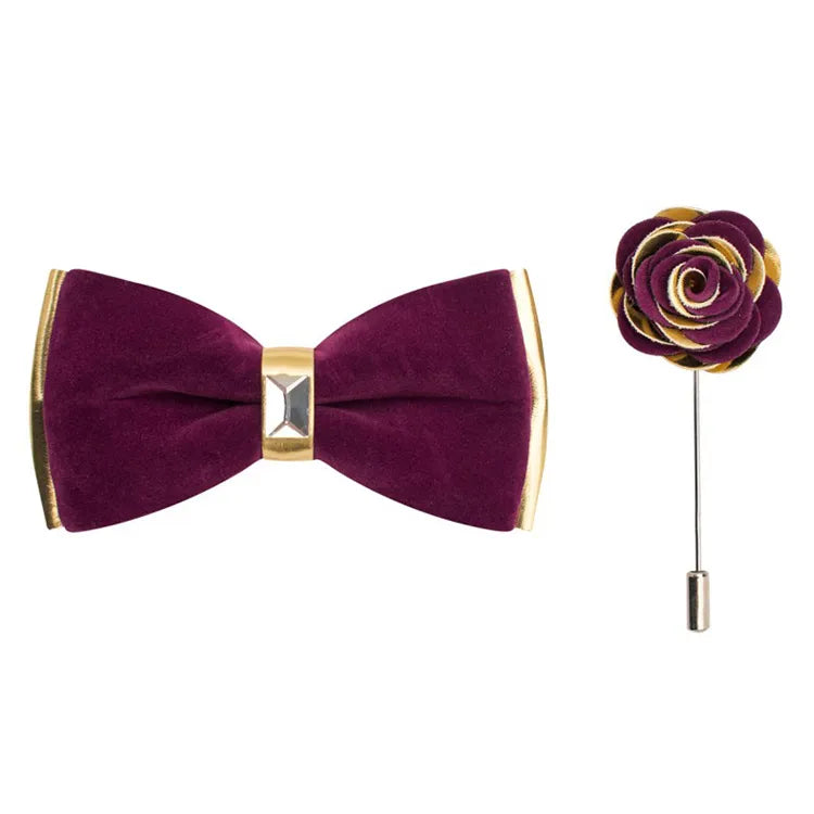 Gold Two-Toned Velvet Bow Tie and Lapel Pin