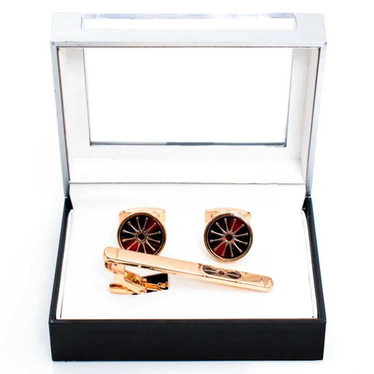 Gold Overlay Spoked Gem Cufflink Tie-Bar