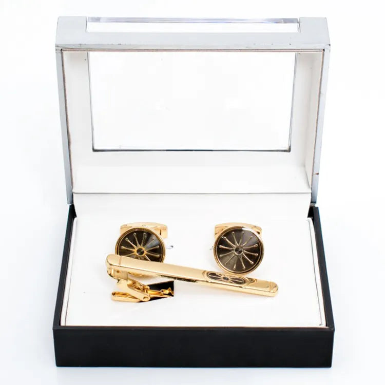 Gold Overlay Spoked Gem Cufflink Tie-Bar