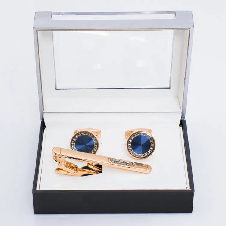 Gold Framed Gem Cufflink Tie-Bar Set
