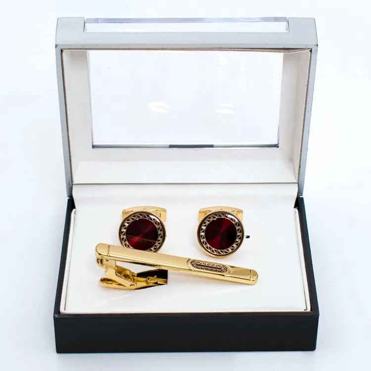 Gold Framed Gem Cufflink Tie-Bar Set