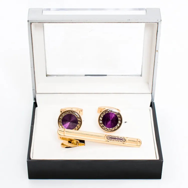 Gold Framed Gem Cufflink Tie-Bar Set