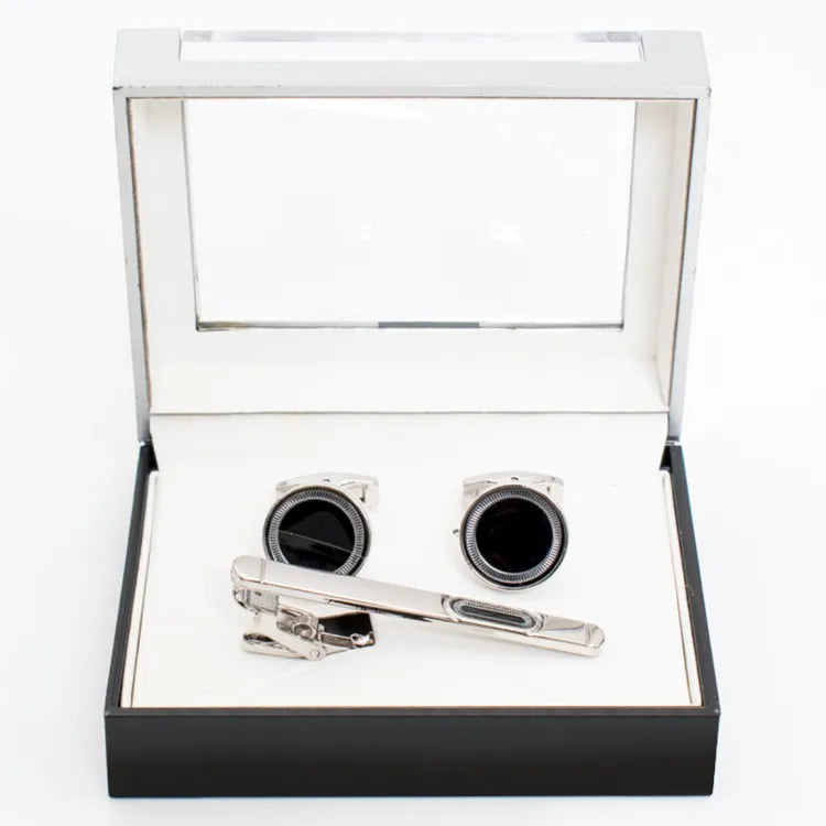Circular Ridged Inlay Cufflink Tie-Bar Set