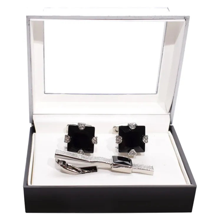 Princess Cut Gem Silver Cufflink Tie-Bar Set