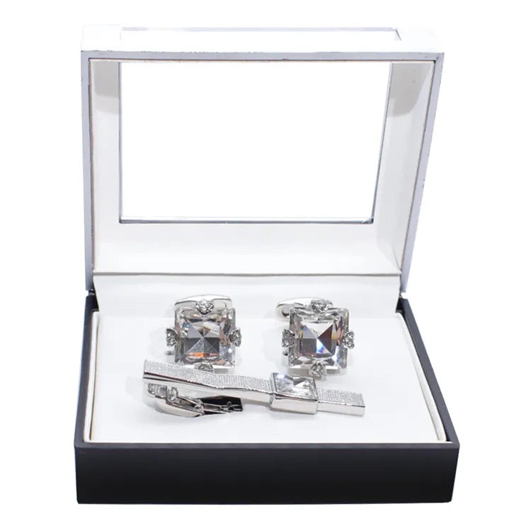 Princess Cut Gem Silver Cufflink Tie-Bar Set