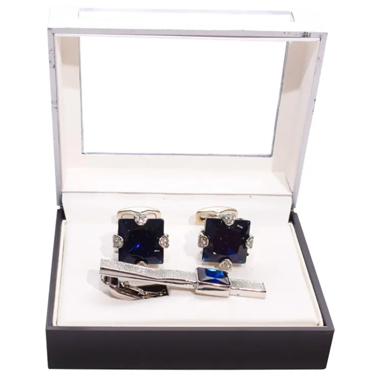 Princess Cut Gem Silver Cufflink Tie-Bar Set