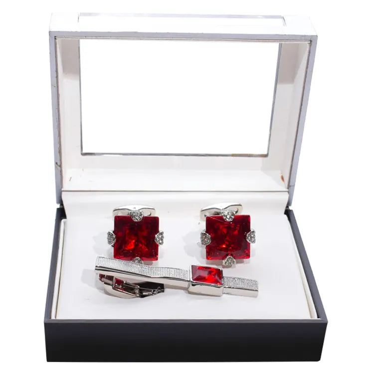 Princess Cut Gem Silver Cufflink Tie-Bar Set