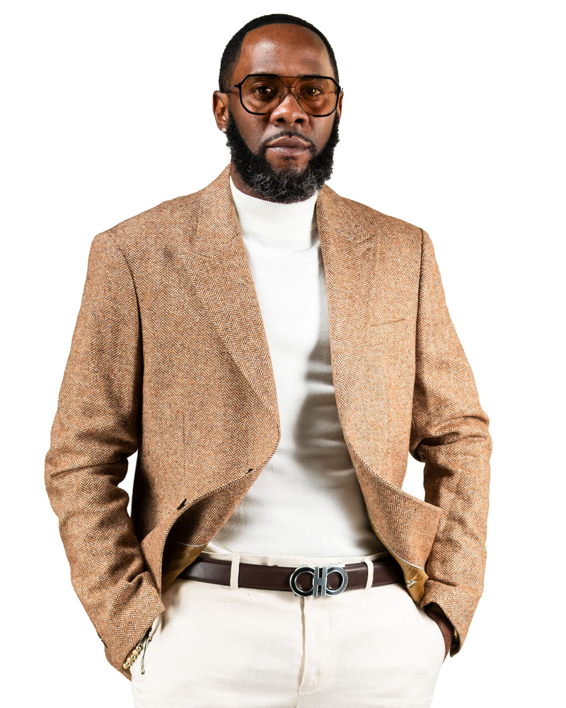 Brown Herringbone Tailored-Fit Wool Blazer