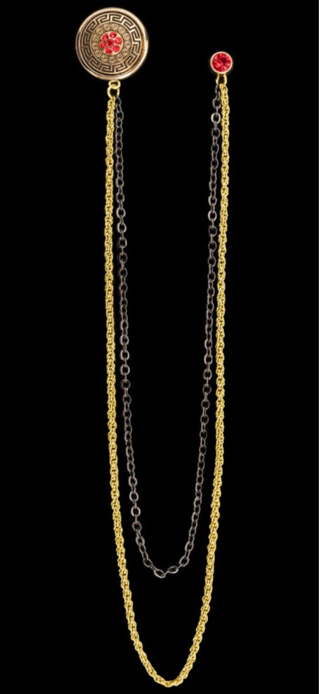 Long Chain Jeweled Meandering Brooch Lapel Pin