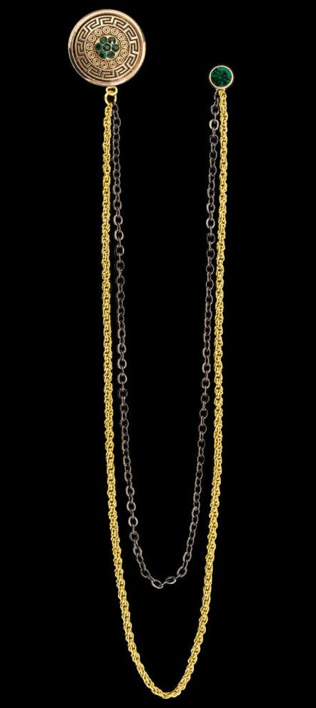 Long Chain Jeweled Meandering Brooch Lapel Pin