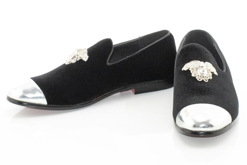 Men's Black Velvet Smoking Loafer With Silver Toe