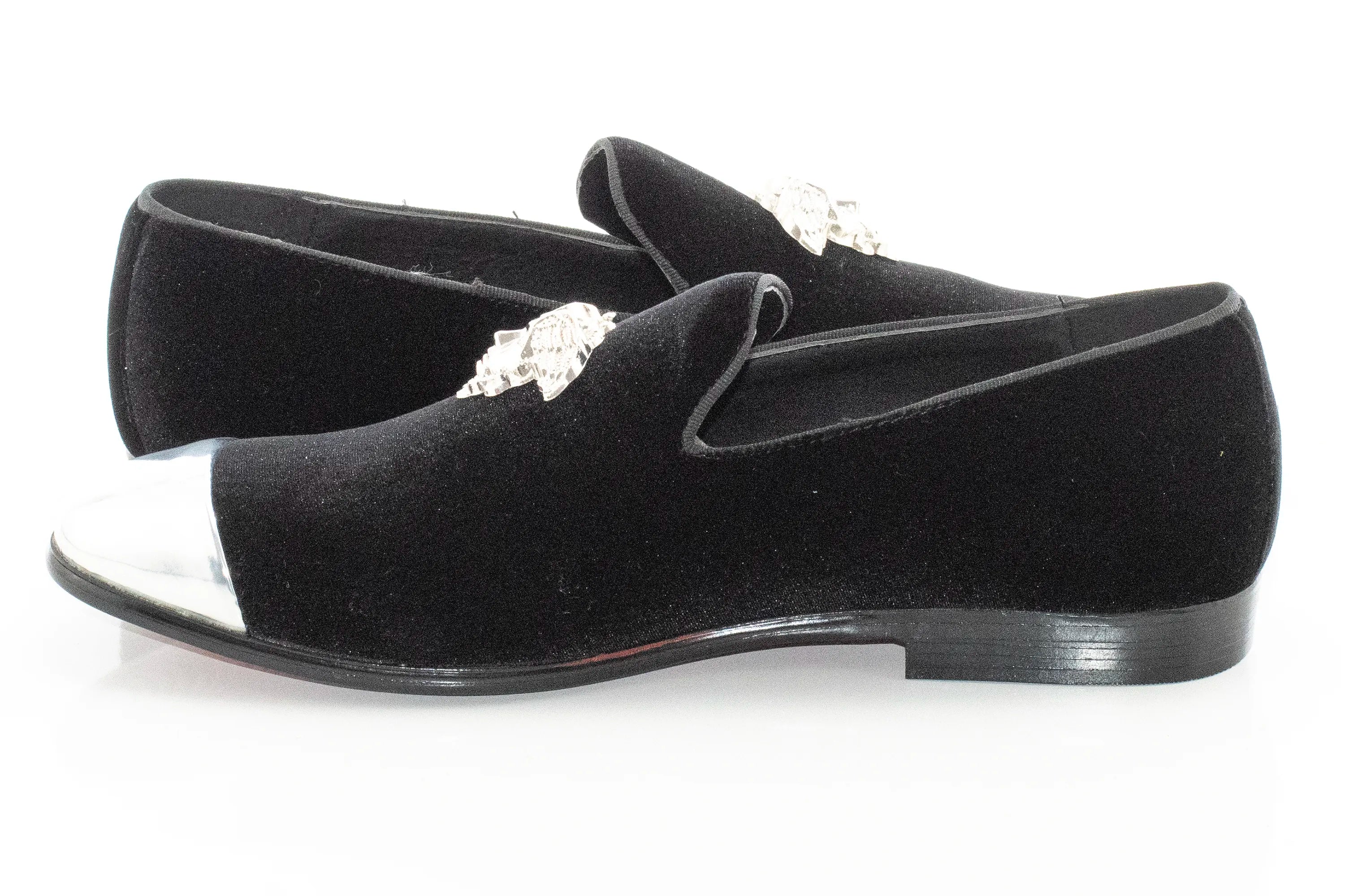 Men's Black Velvet Smoking Loafer With Silver Toe