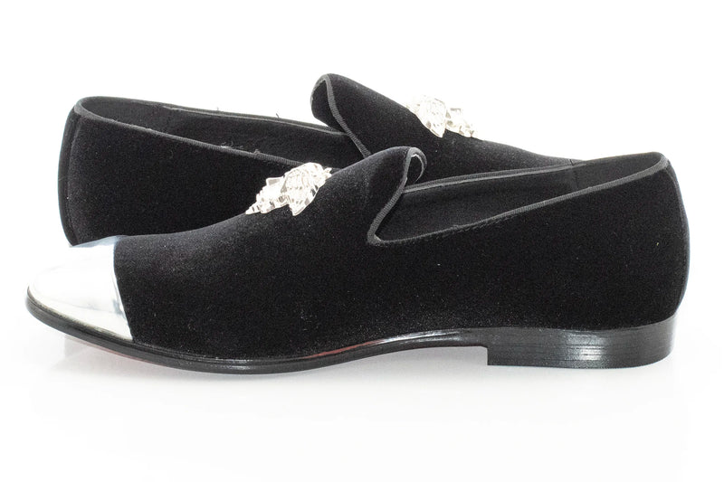 Men's Black Velvet Smoking Loafer With Silver Toe