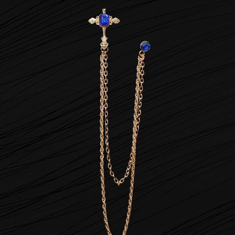 Medium Chain Jeweled Gold Cross Brooch Lapel Pin