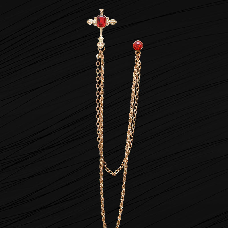 Medium Chain Jeweled Gold Cross Brooch Lapel Pin