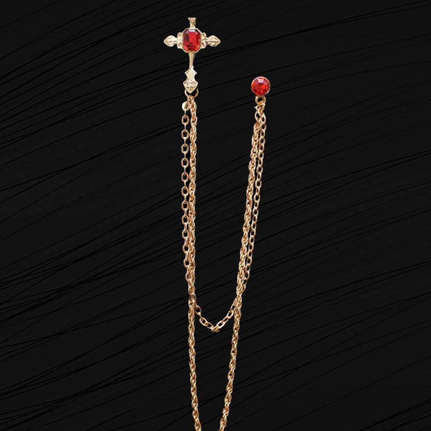 Medium Chain Jeweled Gold Cross Brooch Lapel Pin