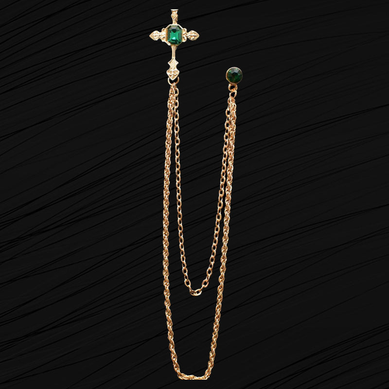 Medium Chain Jeweled Gold Cross Brooch Lapel Pin