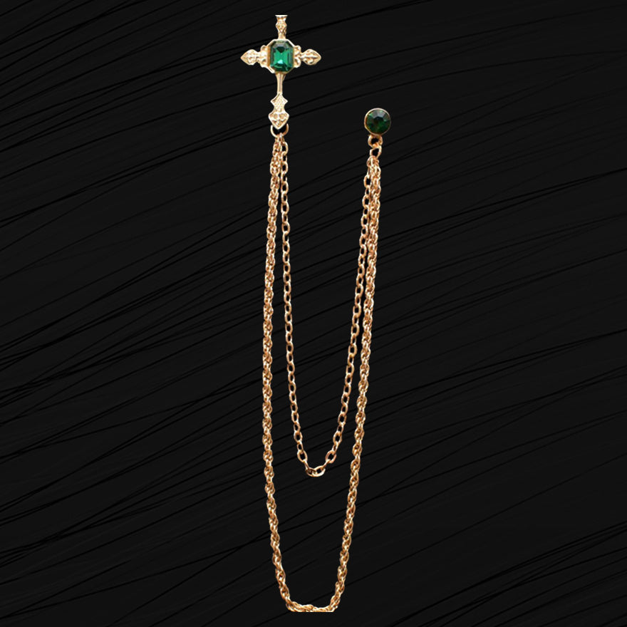 Medium Chain Jeweled Gold Cross Brooch Lapel Pin