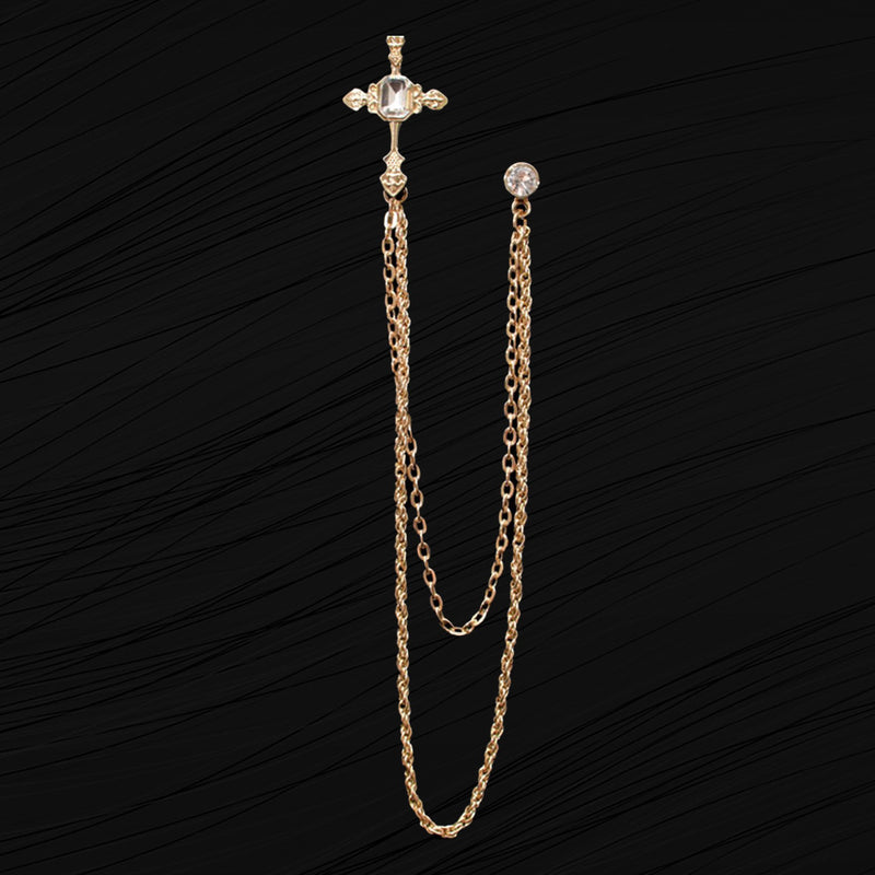 Medium Chain Jeweled Gold Cross Brooch Lapel Pin