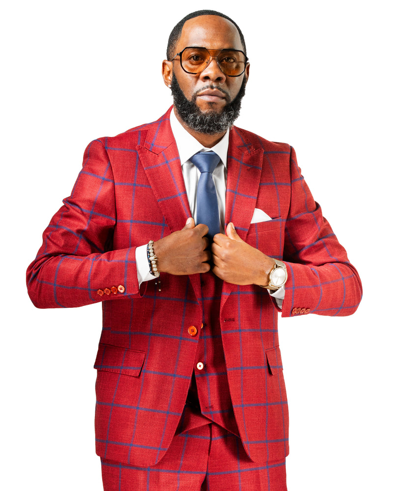 Dark Red Windowpane 3-Piece Slim-Fit Suit