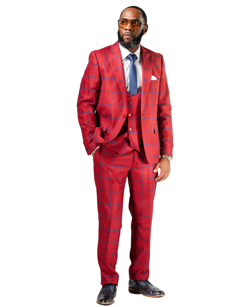 Dark Red Windowpane 3-Piece Slim-Fit Suit