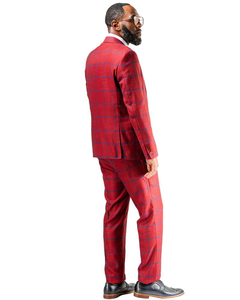 Dark Red Windowpane 3-Piece Slim-Fit Suit