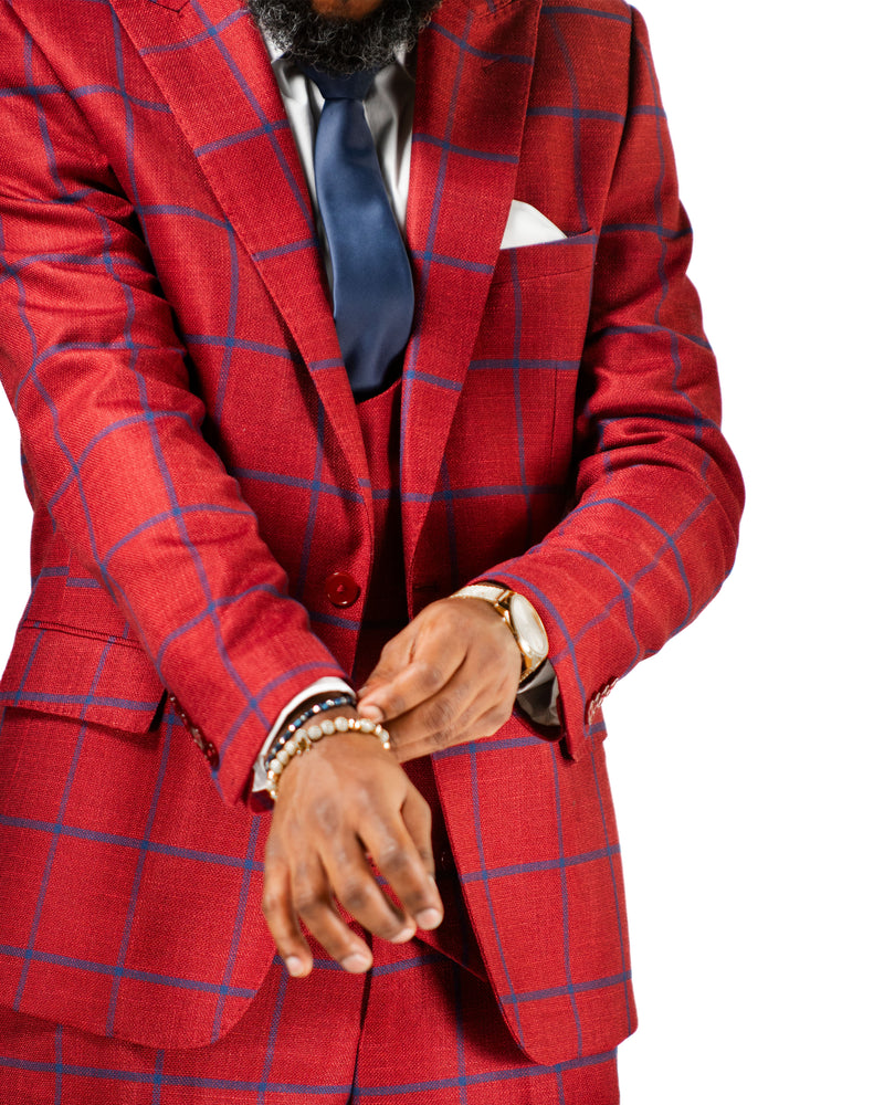 Dark Red Windowpane 3-Piece Slim-Fit Suit