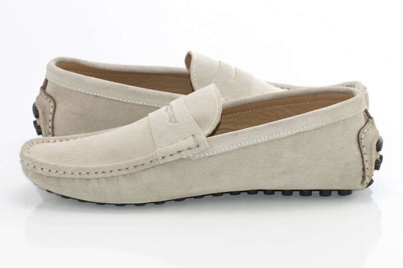 Beige Suede Penny Loafer - Quarter, Heel